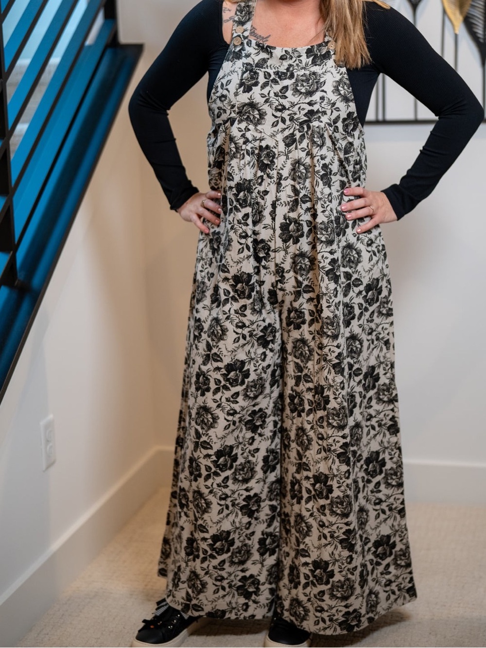 Bibi Rose Print Wide Leg Overalls In Grey/Black
